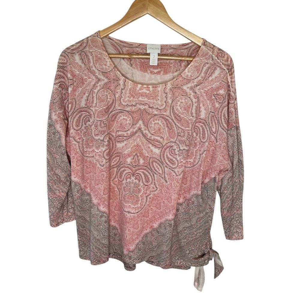 Chico’s multicolor 3/4 sleeve tie detail boho top size large